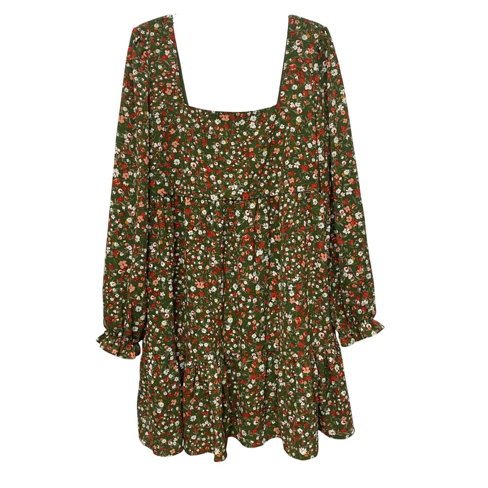 BCBG Paris Floral Print Mini Dress Long Sleeve Square Neck Green Red White Large